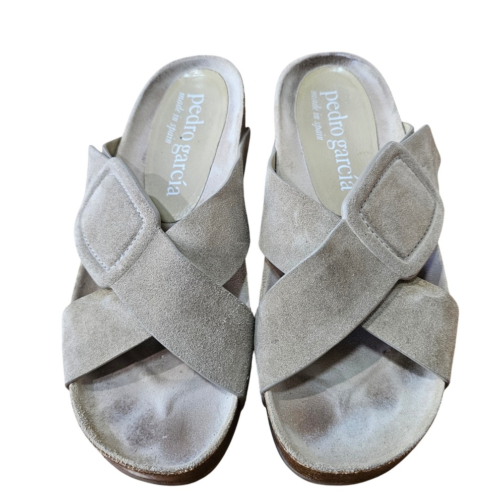 Pedro Garcia Suede Slide Sandals Womens 39.5‎ Taupe Cork Footbed Spain
